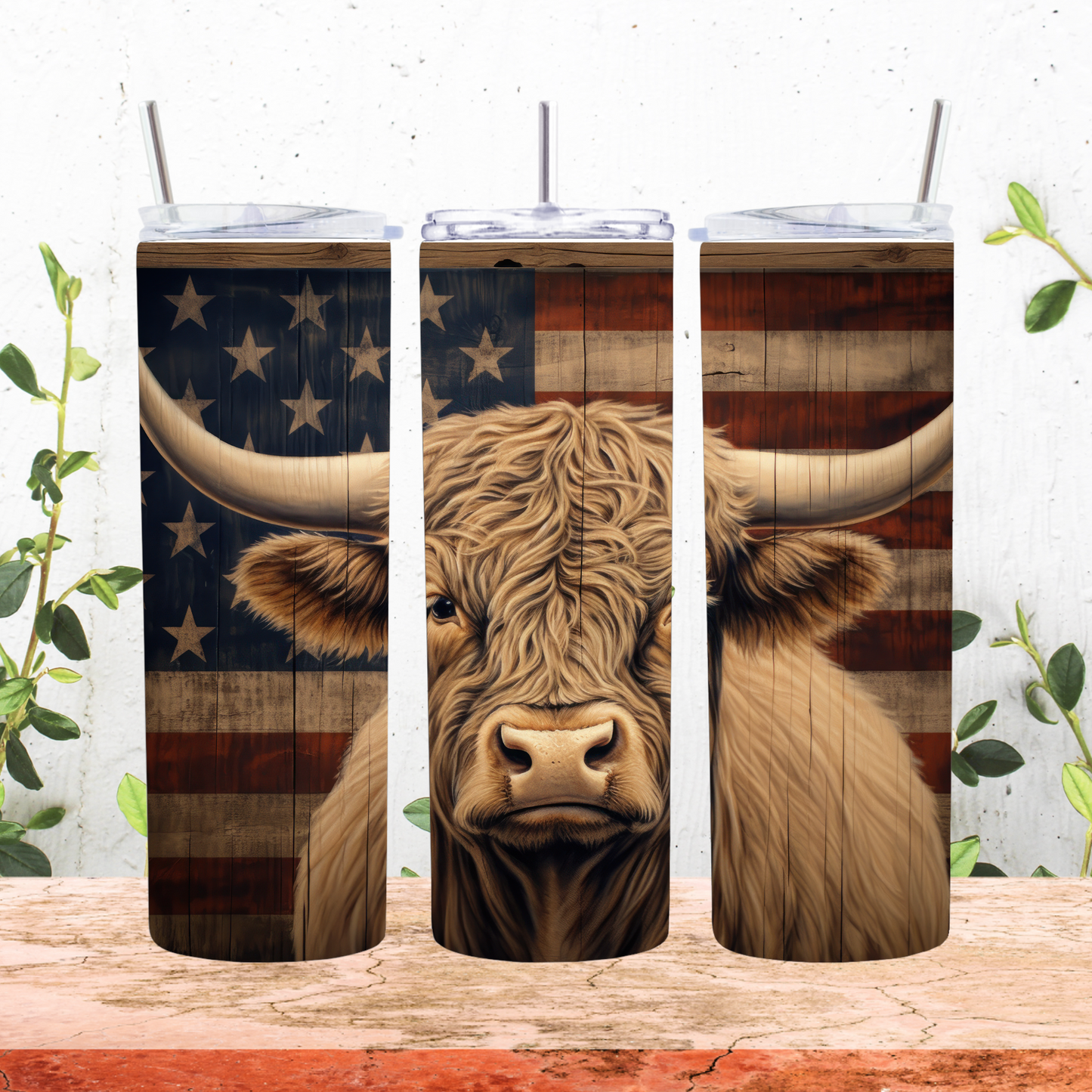 20 oz highland cow with a flag background with an added rustic look