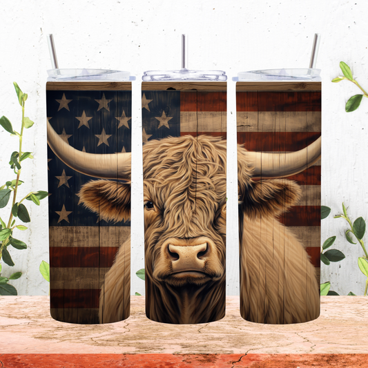 20 oz highland cow with a flag background  with an added rustic look