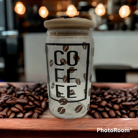 Glass tumbler with a coffee design 16 oz