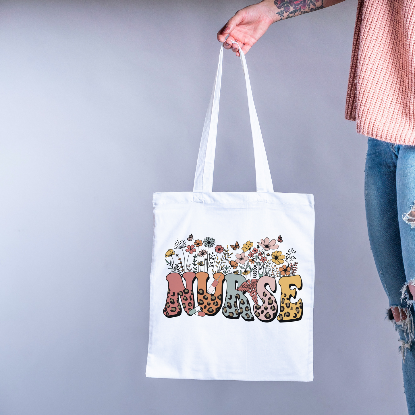 canvas nurse tote bag with a sublimated nurse image