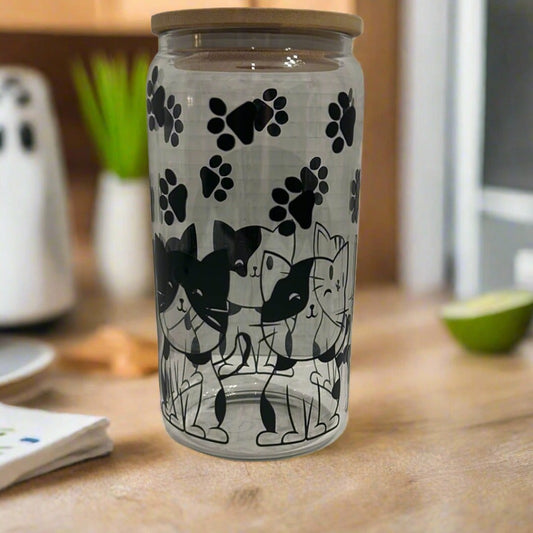 16 oz glass tumbler with cats and cat paw design
