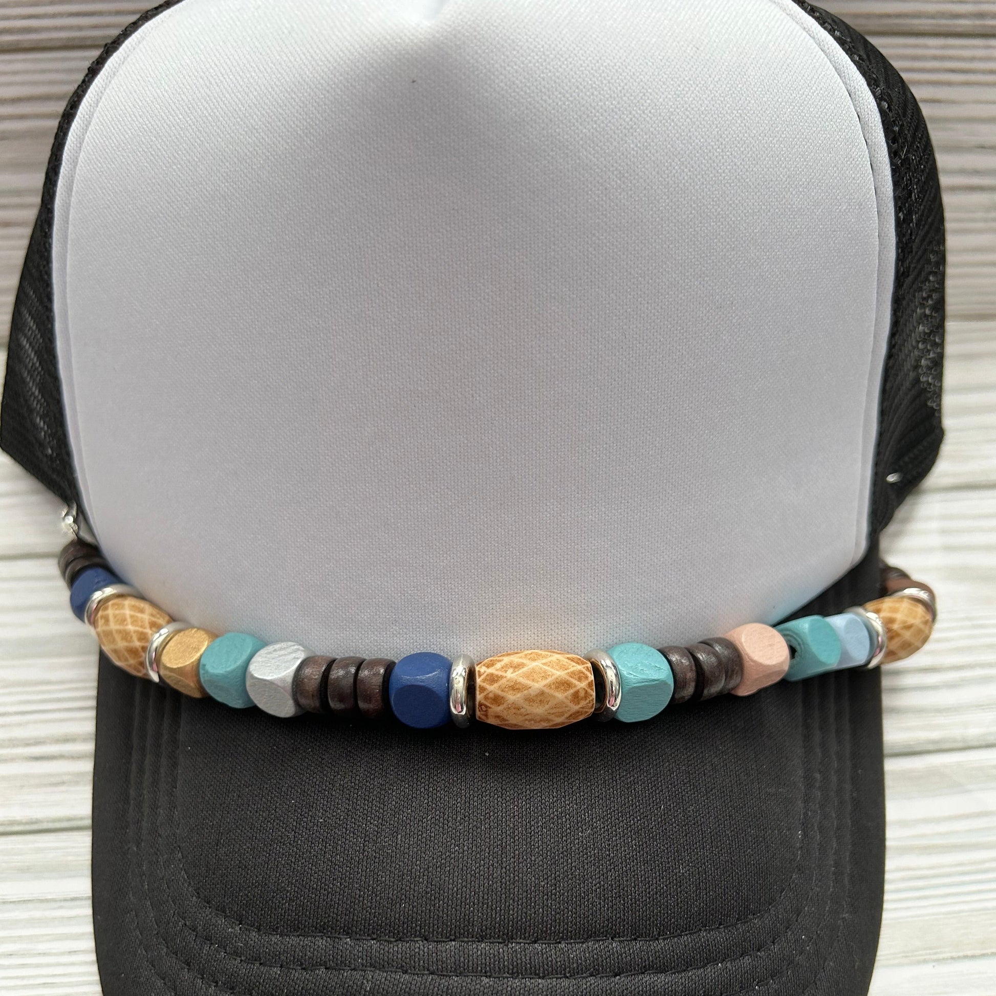 Hat chain for trucker hats with wooden beads