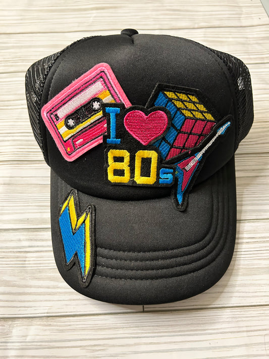 Black Trucker Hat with 80's Patches - Retro Style Snapback Cap