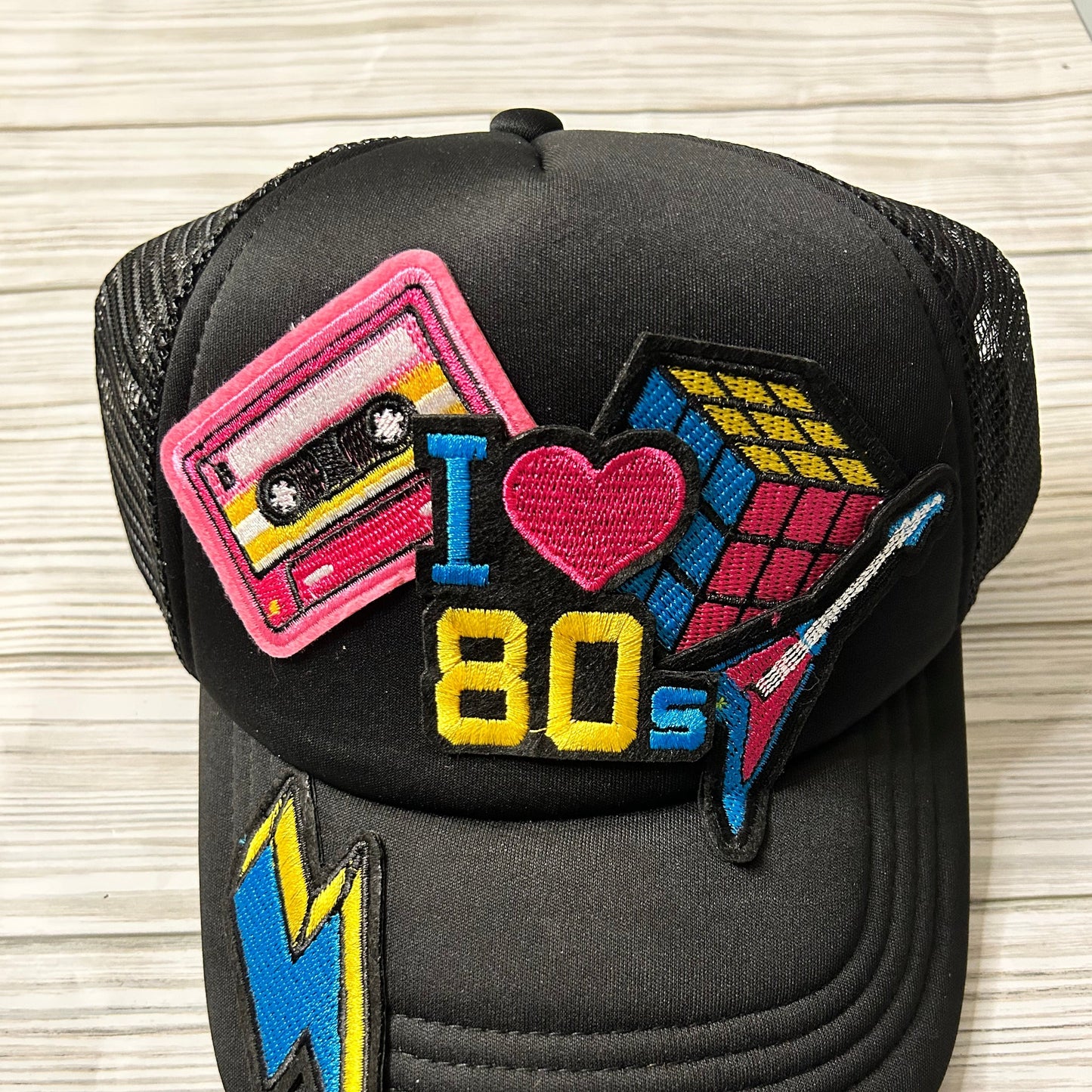 Black Trucker Hat with 80's Patches - Retro Style Snapback Cap