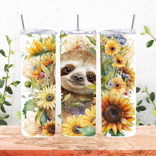 stainless steel tumbler with a cute sloth and sunflowers . Comes with lid and straw