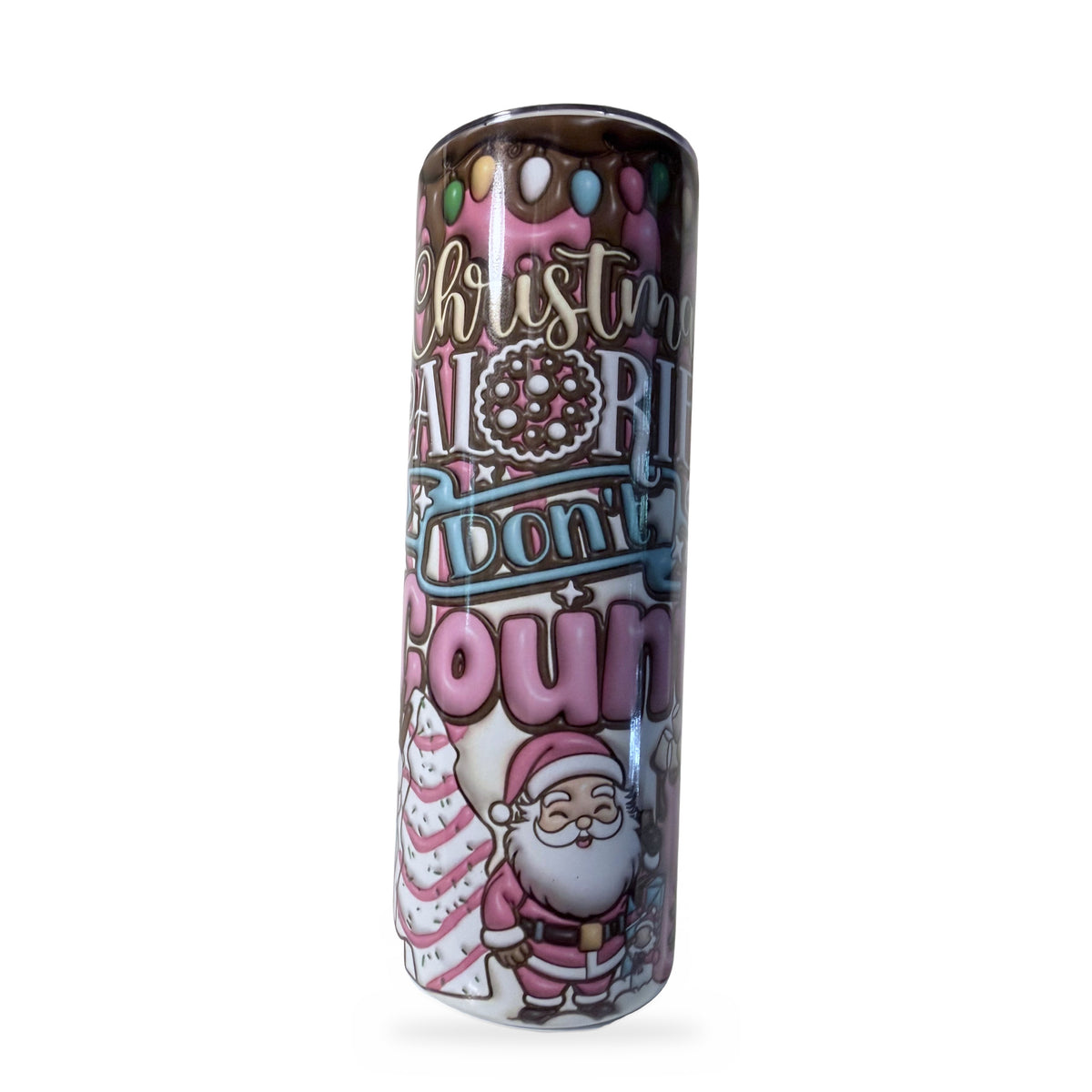 Christmas Calories Don't Count tumbler with pink Santa
