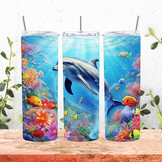 Ocean Bliss Stainless Steel Tumbler - Playful Dolphin and Colorful Fish Design - Hot and Cold Beverage Travel Cup - Perfect Gift for Dolphin Lovers and Ocean Enthusiasts