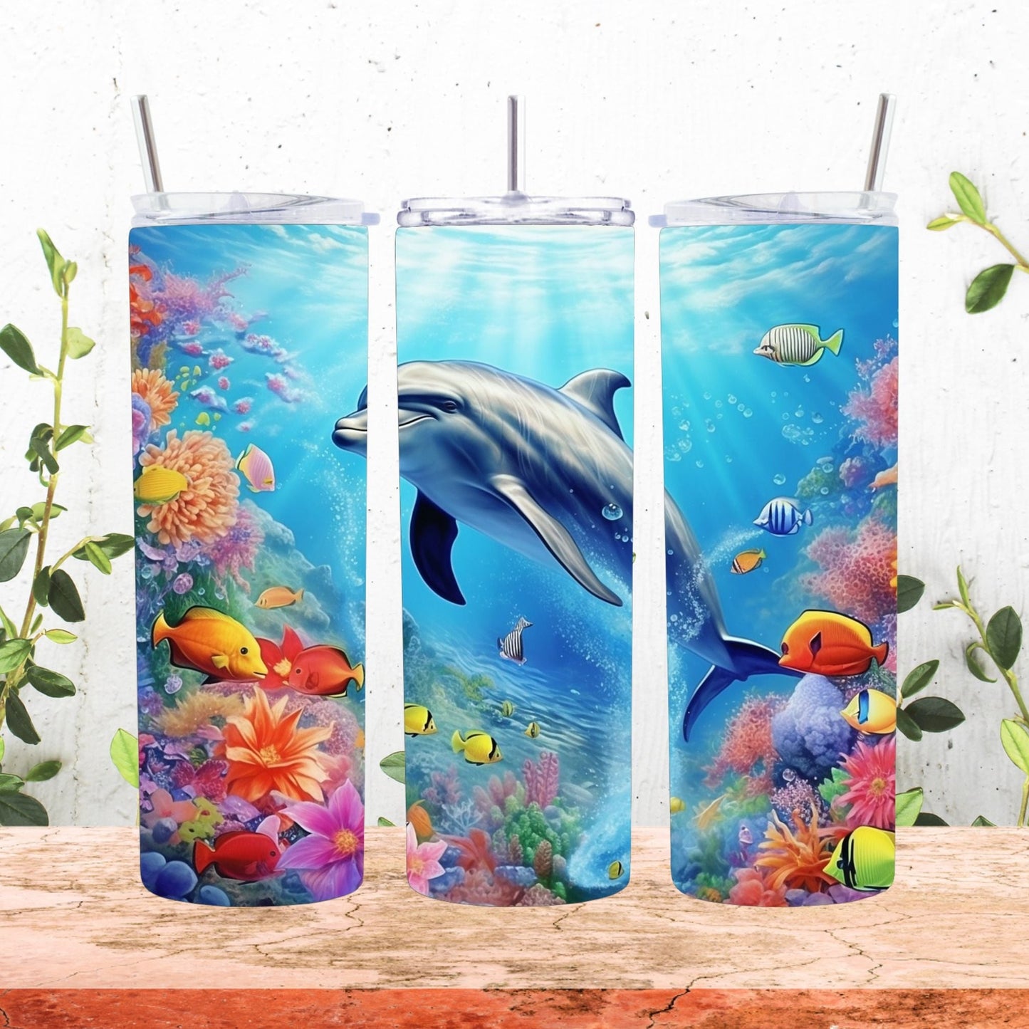 Ocean Bliss Stainless Steel Tumbler - Playful Dolphin and Colorful Fish Design - Hot and Cold Beverage Travel Cup - Perfect Gift for Dolphin Lovers and Ocean Enthusiasts