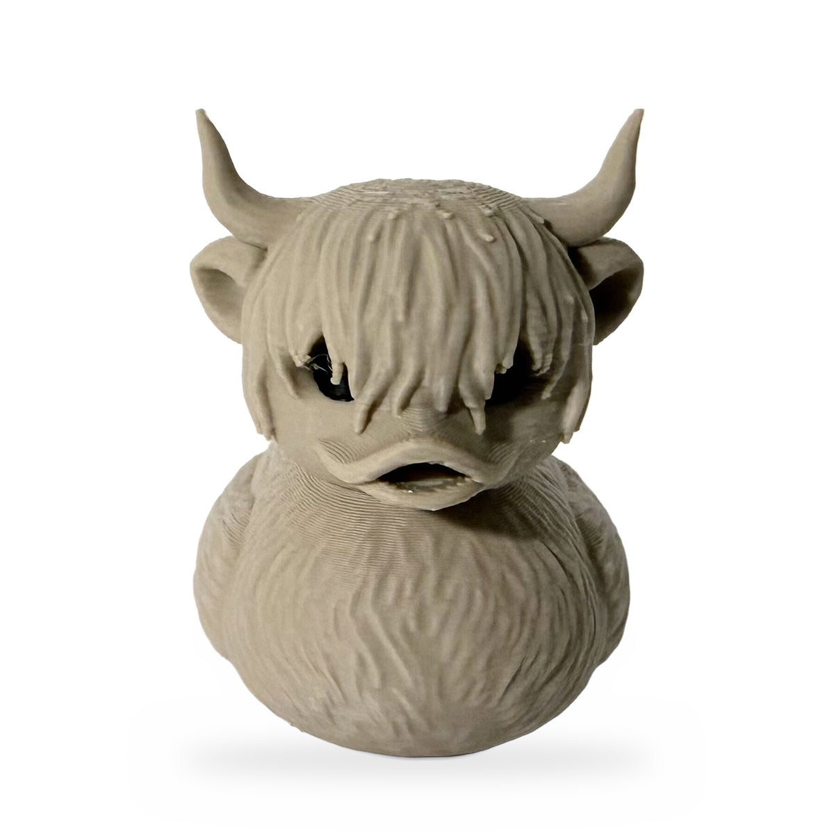 Tan 3D printed highland cow duck with shaggy hair