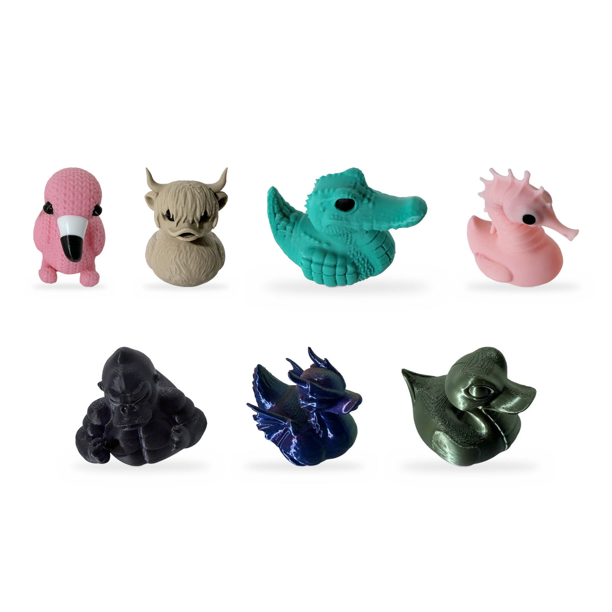 Seven 3D printed animal ducks: flamingo, highland cow, gator, seahorse, gorilla, dragon and snake