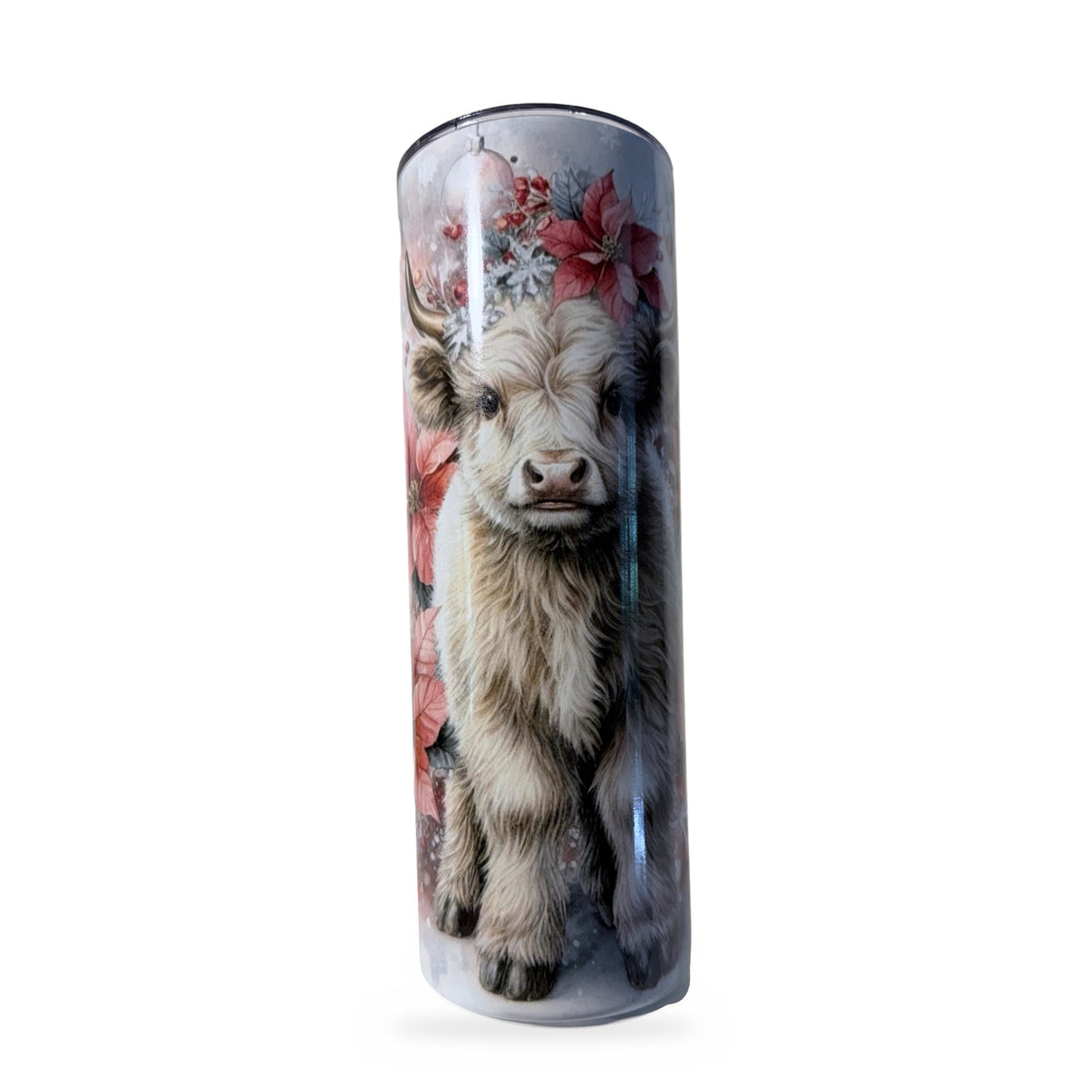 Christmas highland cow tumbler with red poinsettias