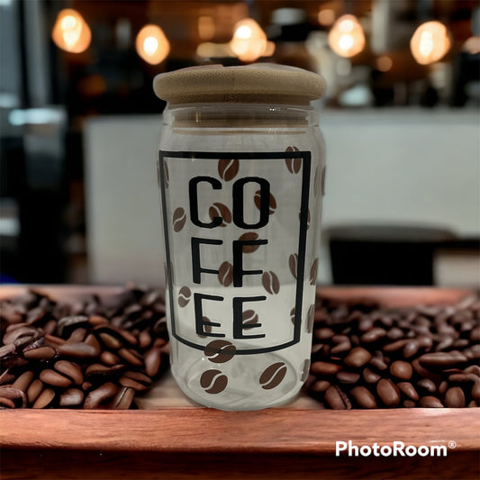 Glass tumbler with a coffee design 16 oz