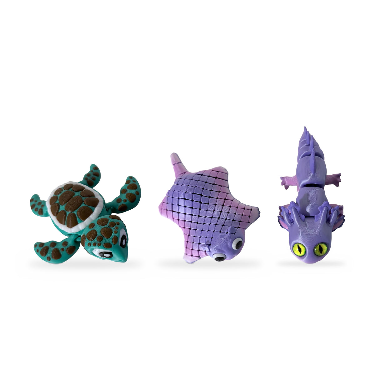 3D printed flexi sea turtle, pink stingray and lavender axolotl set