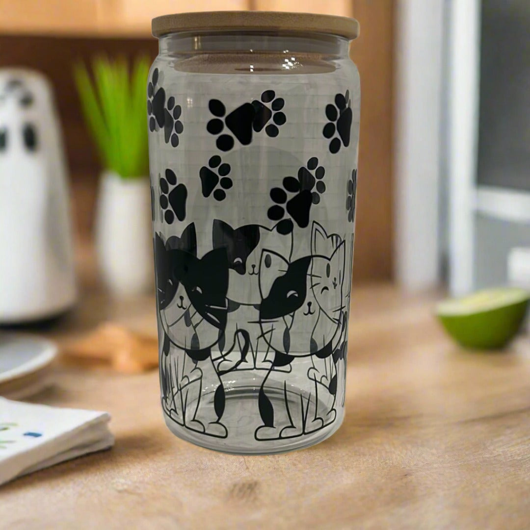 16 oz glass tumbler with cats and cat paw design